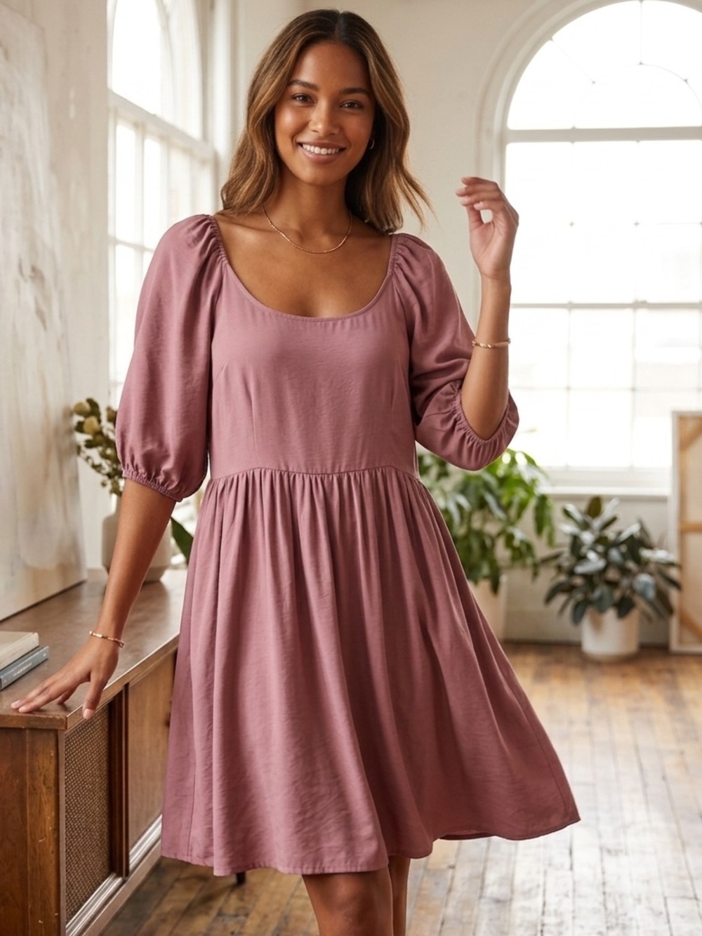 Mía joy Puff Sleeve Scoop Neck Mini Dress in Dusty Rose